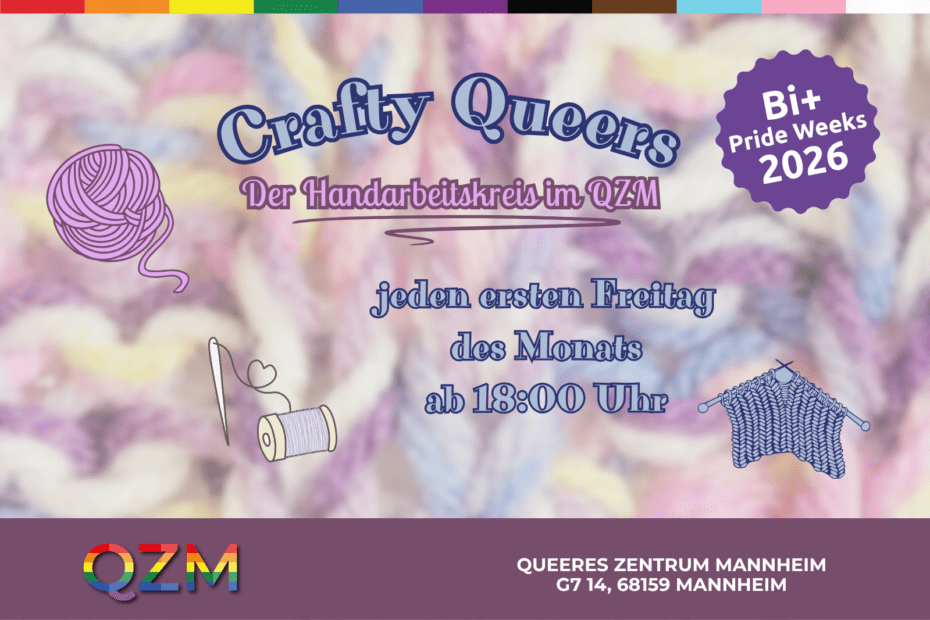 Auf der Graphik erkennt man Strickzeug und Wolle sowie den Titel Crafty Queers.