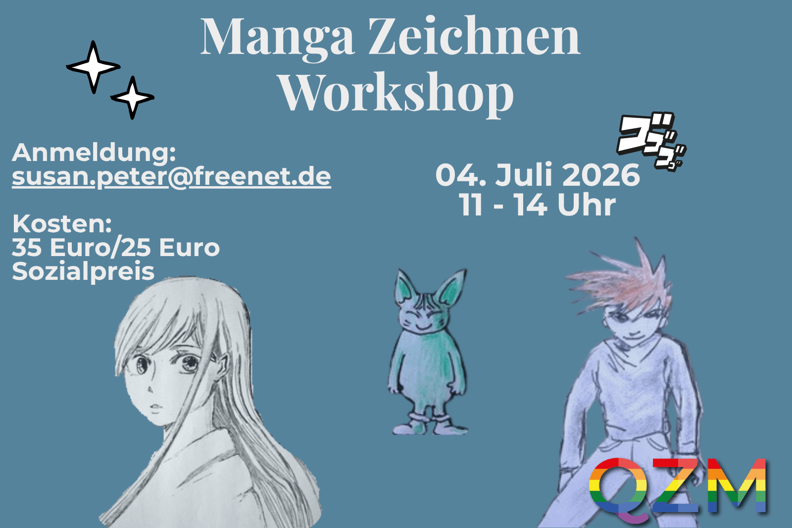 Die Grafik zeigt verschiedene Manga-Zeichnungen auf blauem Hintergrund. Es stehen wichtige Daten zur Anmeldung, zum Preis und zum Datum sowie der Uhrzeit der Veranstaltung auf der Grafik.