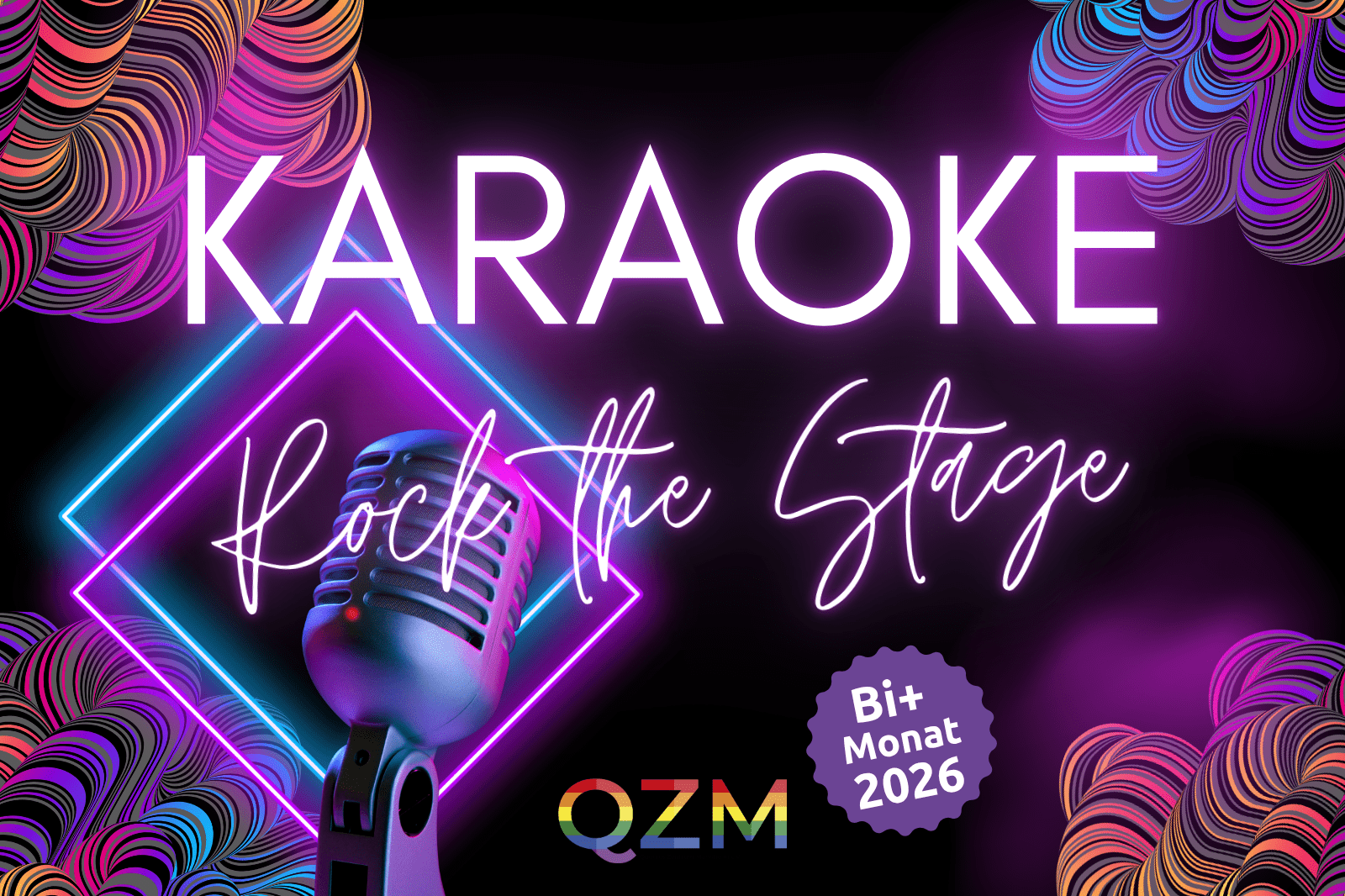 Auf der Graphik erkennt man auf lila-schwarzem Hintergund ein Mikrophon und die Aufschrift "Karaoke - Rock the Stage".