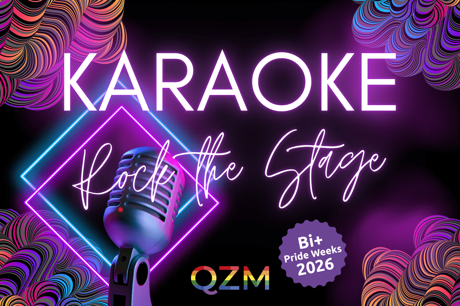 Auf der Graphik erkennt man auf lila-schwarzem Hintergund ein Mikrophon und die Aufschrift "Karaoke - Rock the Stage".