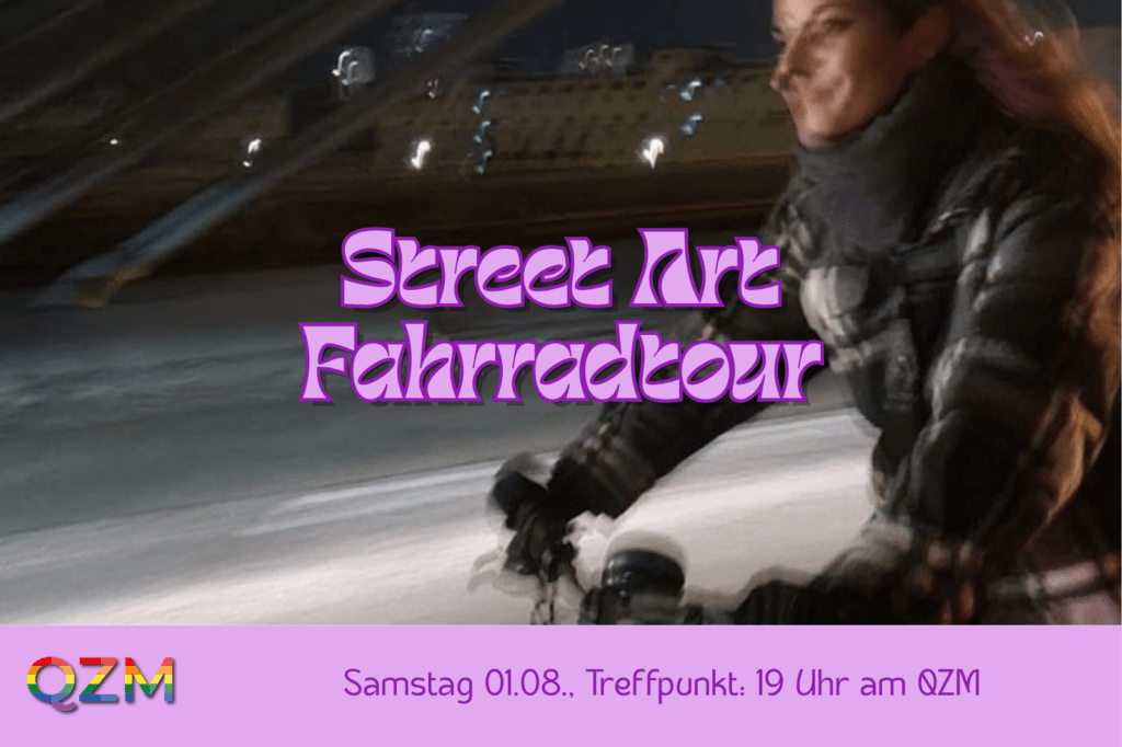 Die Grafik zeigt im Hintergrund eine Person welche Fahrrad fährt. Der Grafik sind der Titel der Veranstaltung, das Datum, die Uhrzeit und der Treffpunkt zu entnehmen.
