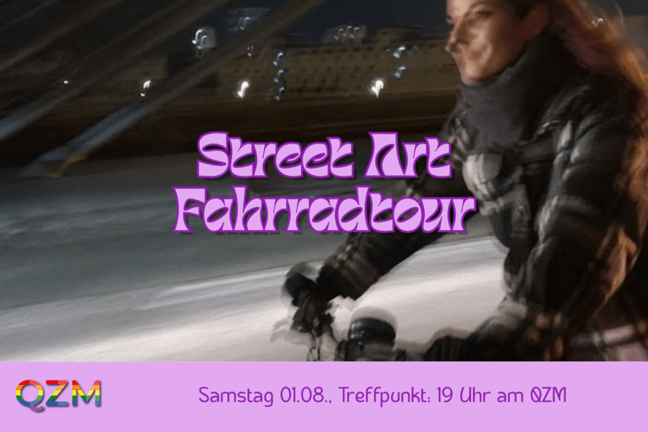 Die Grafik zeigt im Hintergrund eine Person welche Fahrrad fährt. Der Grafik sind der Titel der Veranstaltung, das Datum, die Uhrzeit und der Treffpunkt zu entnehmen.