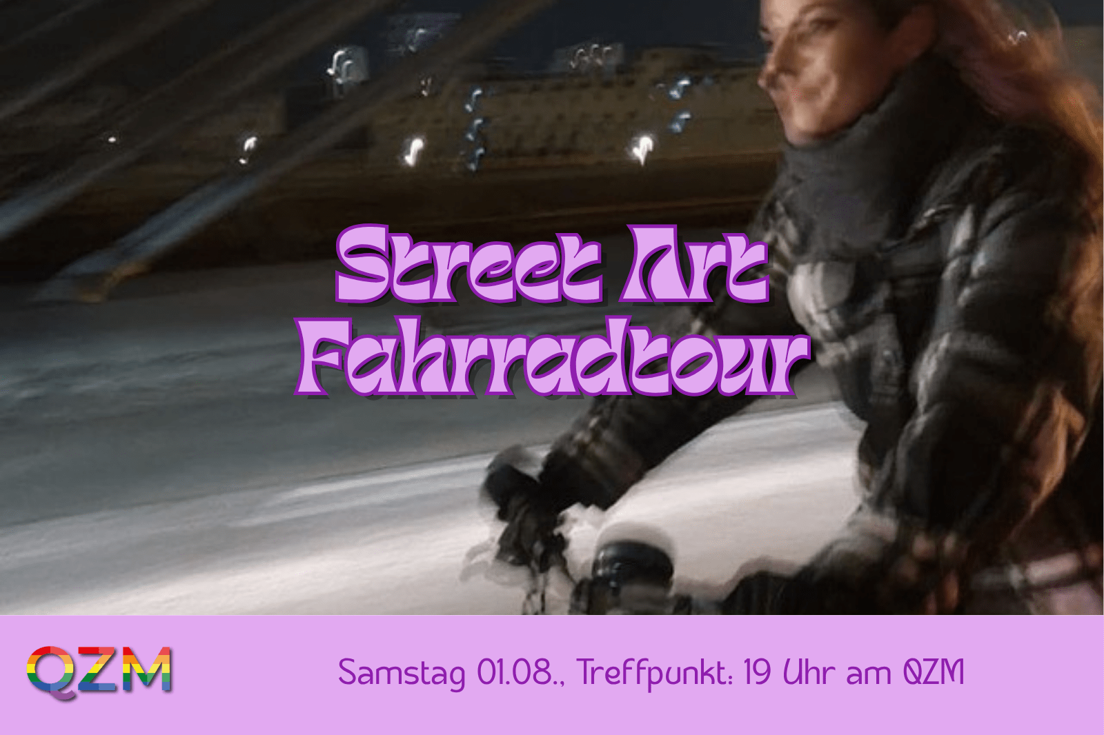 Die Grafik zeigt im Hintergrund eine Person welche Fahrrad fährt. Der Grafik sind der Titel der Veranstaltung, das Datum, die Uhrzeit und der Treffpunkt zu entnehmen.