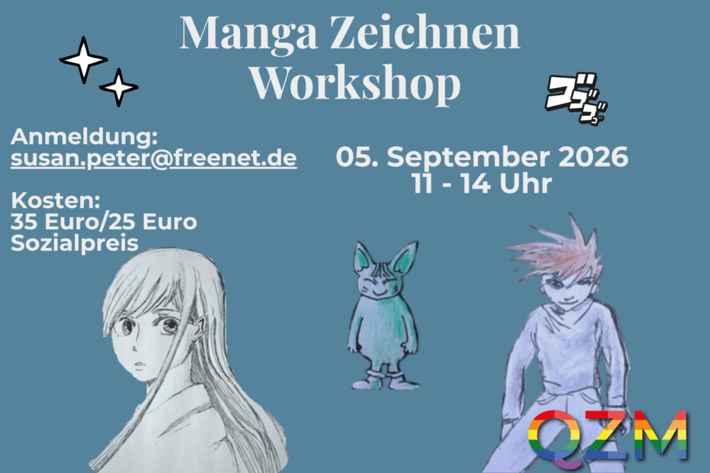Die Grafik zeigt verschiedene Manga-Zeichnungen auf blauem Hintergrund. Es stehen wichtige Daten zur Anmeldung, zum Preis und zum Datum sowie der Uhrzeit der Veranstaltung auf der Grafik.