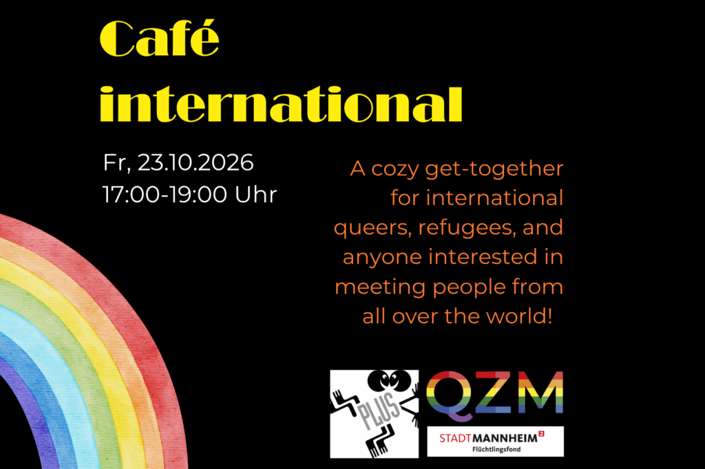 Auf der Graphik erkennt man einen Regenbogen auf schwarzem Hintergrund und Infos zum Café International.