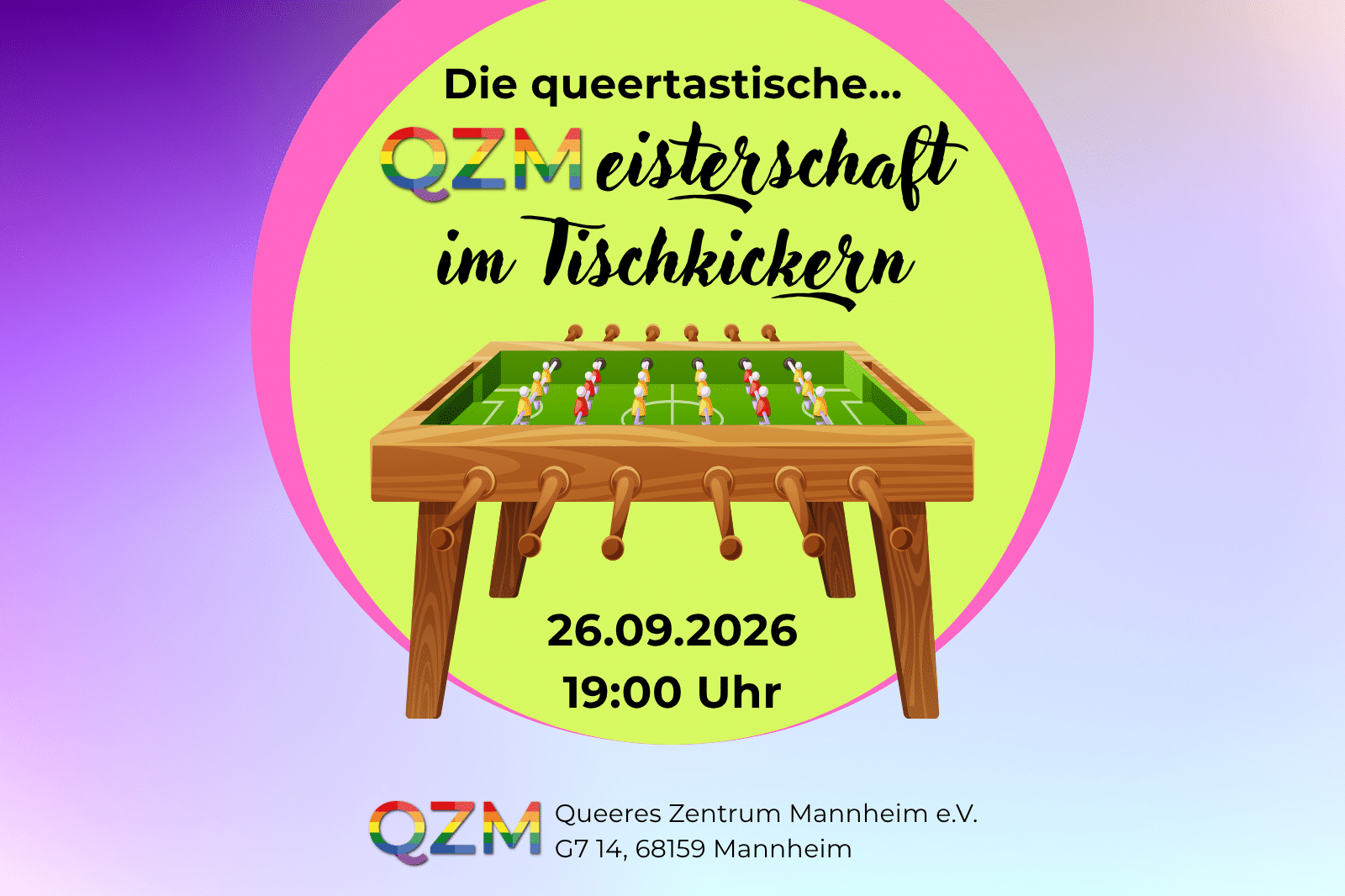 Auf der Graphik befindet sich ein Tischkicker auf grünem und blauem Hintergrund.