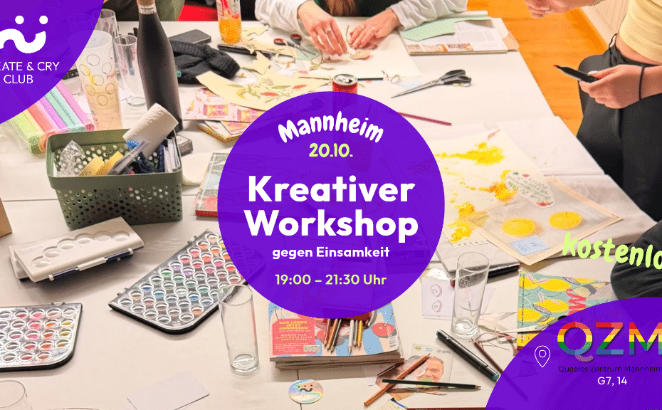 Auf der Graphik erkennt man bastelnde Menschen auf lila Hintergrund.