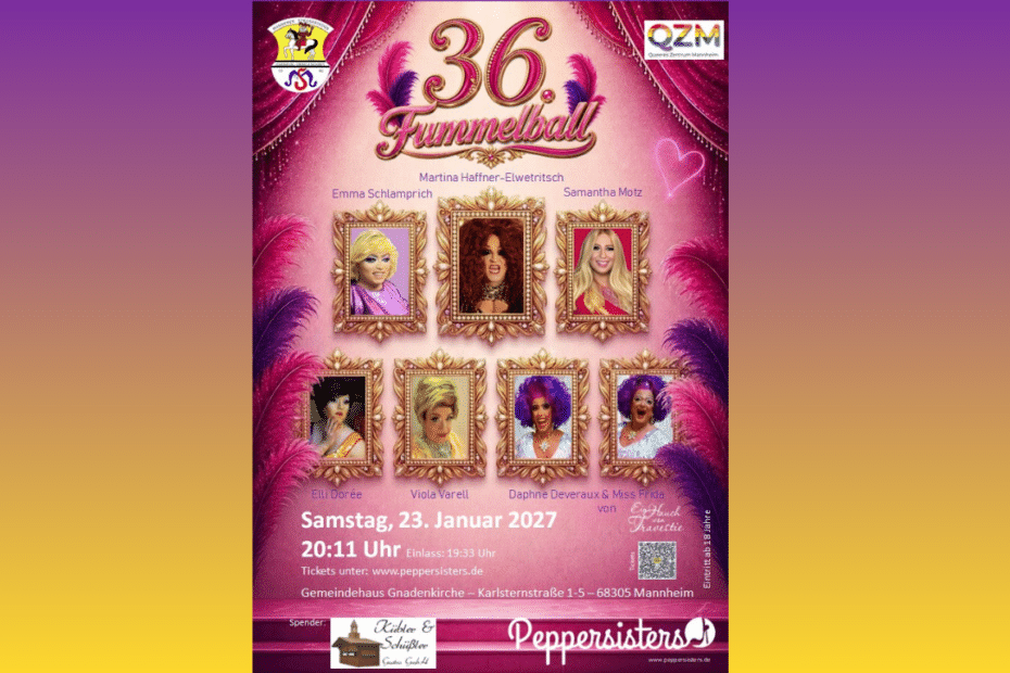 Auf der Grafik ist die Einladung für den 36. Fummelball zu erkennen. Auf dem pinken Hintergrund sind Emma Schlamprich, Martina Haffner - Elwetritsch, Samantha Motz, Elli Doree, Viola Varell und Daphne Deveraux und Miss Frida zu sehen, mit den wichtigsten Daten zum Fummelball.