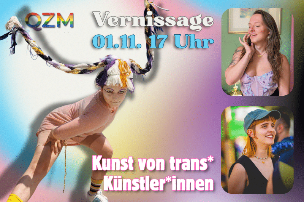 es sind Bilder der drei Künstlerinnen zu sehen vor verschwommenem buntem Hintergrund