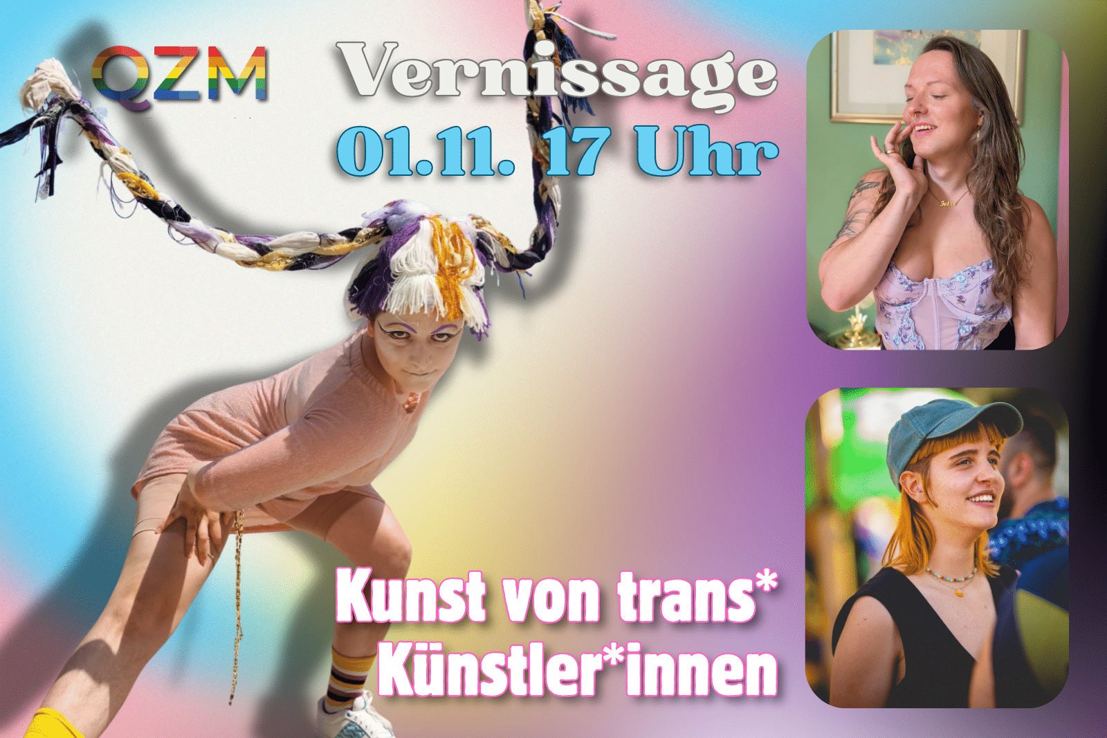 es sind Bilder der drei Künstlerinnen zu sehen vor verschwommenem buntem Hintergrund