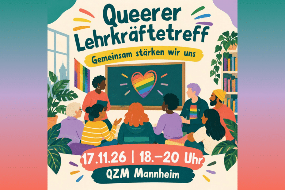 Man sieht eine illustration von erwachsenen Personen in einem Klassenzimmer. An der Tafel ist ein Abbild eines herzens in regenbogen Farben.