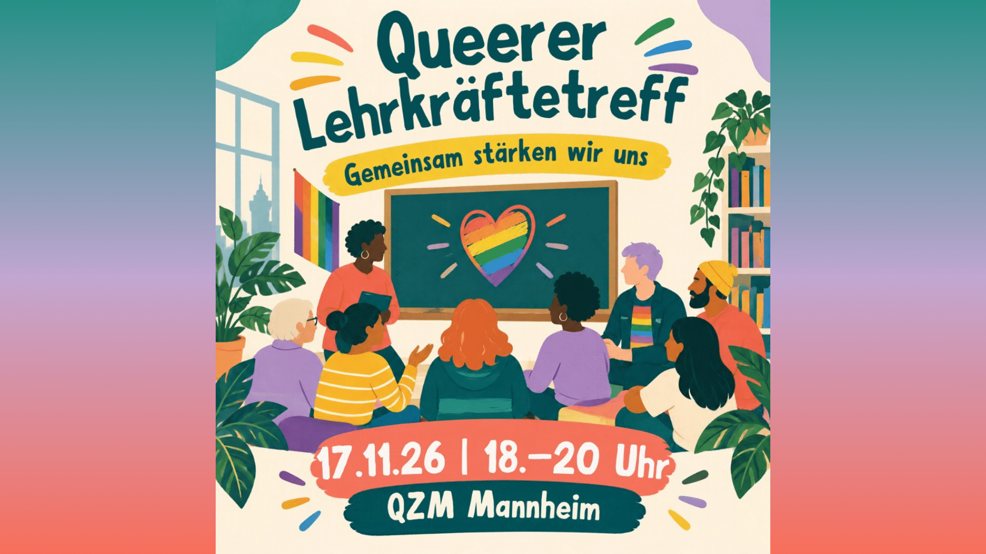 Man sieht eine illustration von erwachsenen Personen in einem Klassenzimmer. An der Tafel ist ein Abbild eines herzens in regenbogen Farben.