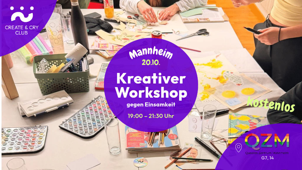 Man sieht einen Tisch voller bastelutensilien und in einem blau-lilanem Kreis steht: Kreativer Workshop. Alle Infos stehen auch in der Beschreibung.